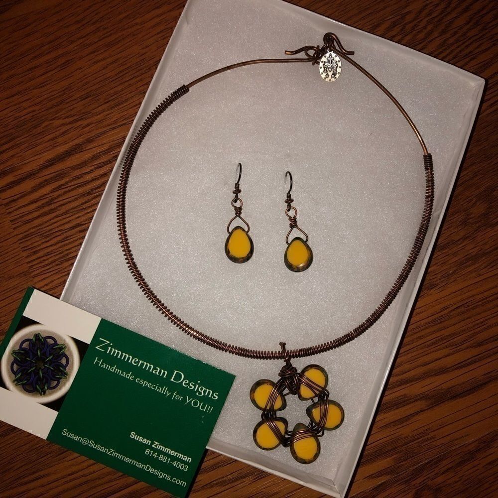 NEW Handmade Copper Yellow Flower Necklace Set